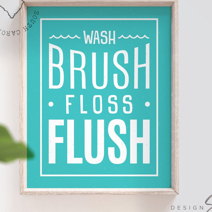Wash, brush, floss, flush, bathroom art, turquoise bathroom, boy girl bathroom decor, turquoise art, turquoise bathroom decor, kids bathroom