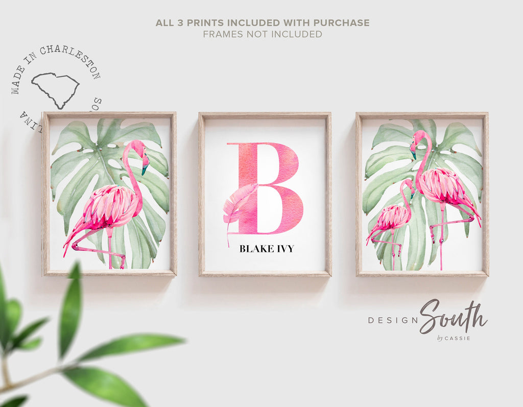 pink_green_nursery,pink_green_bedroom,gift_for_girl_shower,watercolor_hot_pink,hot_pink_and_green,tropical_lush_plants,girls_name_custom,personalized_name,modern_tropical_baby,trendy_little_girl,decor_tropics_kids,baby_girl_hot_pink,baby_girl_flamingos