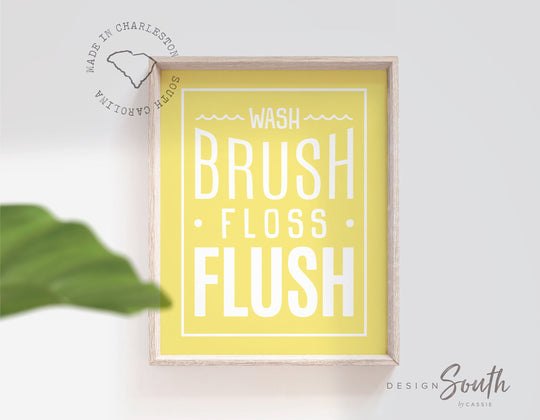wash_brush,floss_flush,child's_bathroom,girls_bathroom,boys_bathroom_art,yellow_and_white,white_and_yellow,yellow_kids_bathroom,bathroom_wall_decor,bathroom_boy_decor,girl_bathroom_decor,boy_girl_yellow_art,boy_girl_bathroom