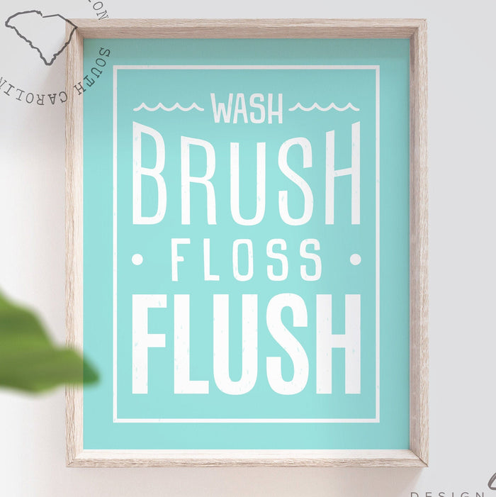 Wash, brush, floss, flush, bathroom print, aqua and white, boys bathroom decor, girls bathroom decor, bathroom prints, bathroom decor, child