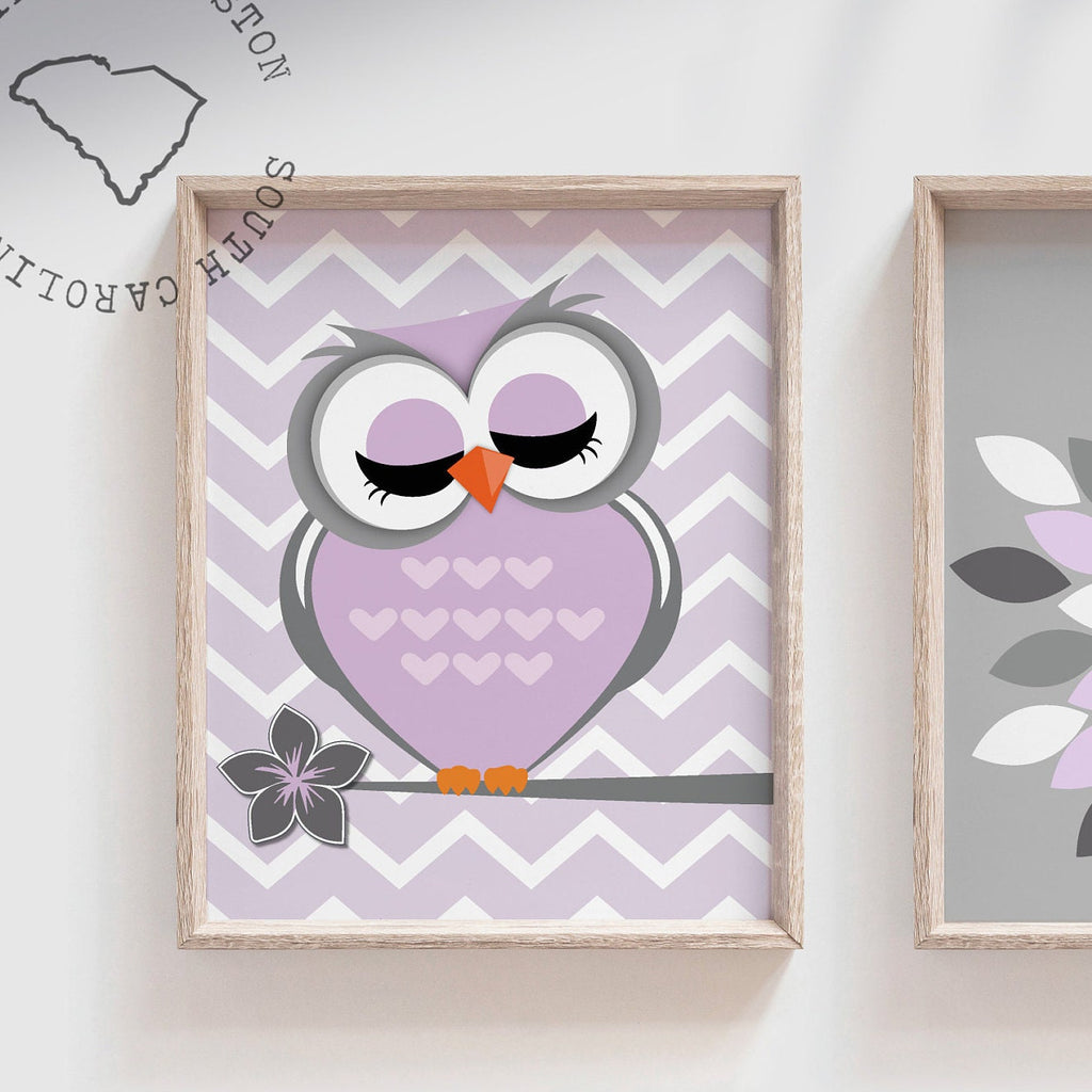 Baby girls owl nursery decor, purple and gray nursery decor, owl theme nursery for girls, gray owl baby art, owl nursery, purple nursery art