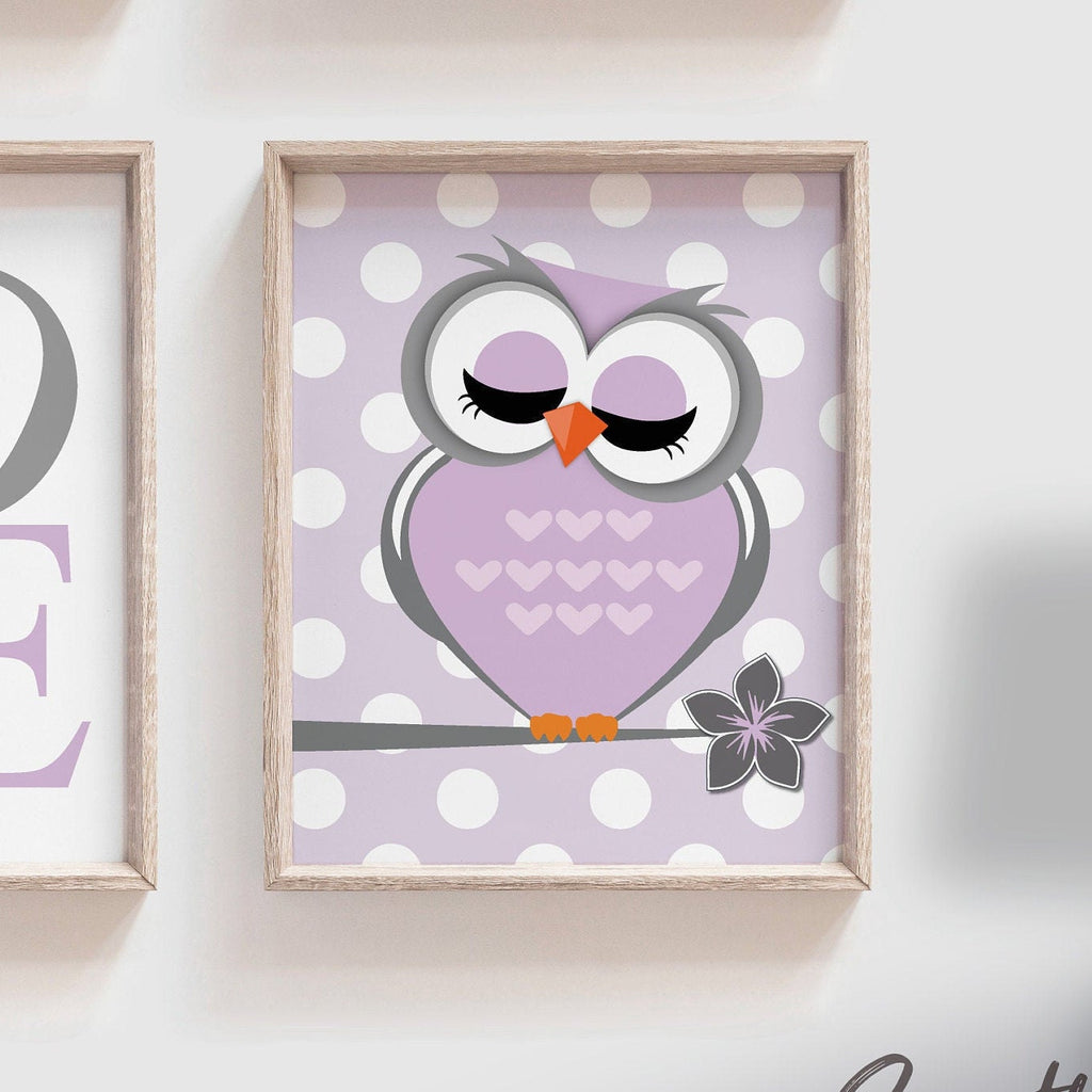 Baby girls owl nursery decor, purple and gray nursery decor, owl theme nursery for girls, gray owl baby art, owl nursery, purple nursery art