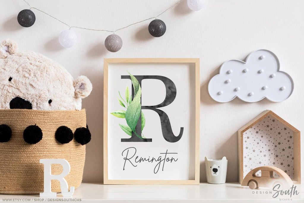 Sloth bedroom wall pictures, nursery decor tropical gender neutral, kid room animals palm leaves, monogram personalized name decor, kid gift