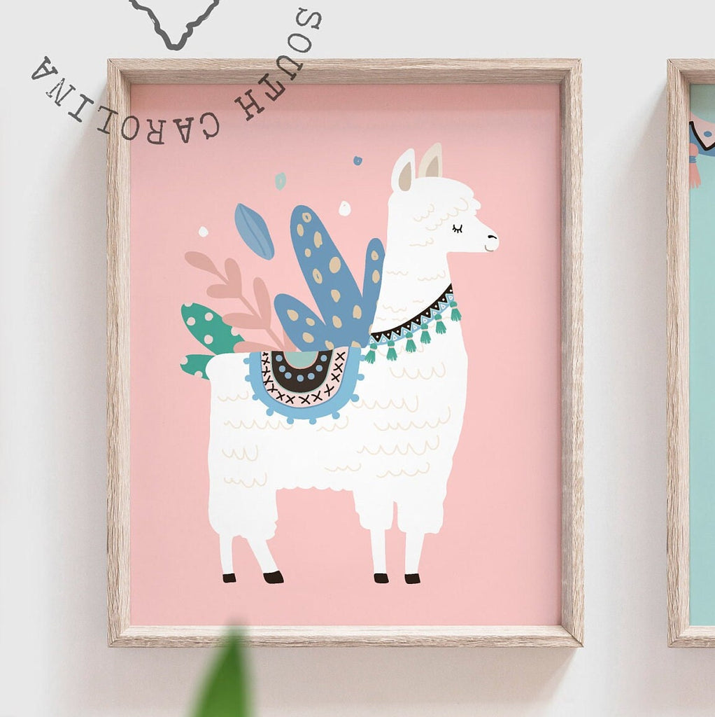 Llama bathroom, alpaca llama cactus childish cute set, llama themed bathroom wall art prints decorations, set of 3 llamas for kid's bathroom
