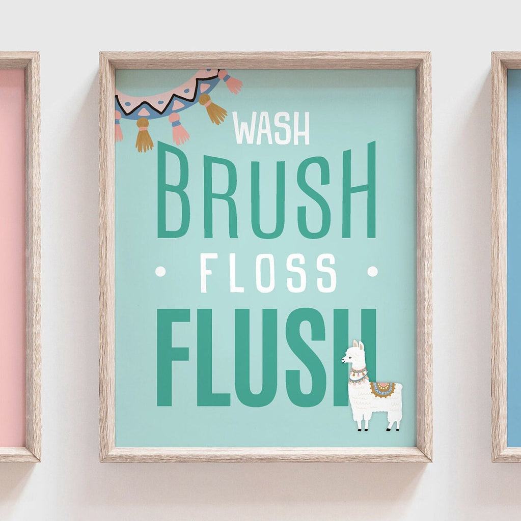 Llama bathroom, alpaca llama cactus childish cute set, llama themed bathroom wall art prints decorations, set of 3 llamas for kid's bathroom