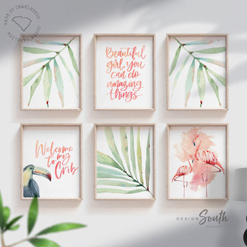 tropical_girls_room,tropical_room_kid,pink_green_palm_leaf,above_crib_wall_art,decor_pink_flamingo,flamingo_child_print,shower_gift_flamingo,shower_gift_tropical,pink_flamingo_decor,pink_flamingo_art,girl_beautiful_quote,toddler_girl_bedroom,wall_art_for_girls