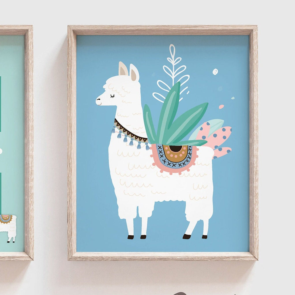 Llama bathroom, alpaca llama cactus childish cute set, llama themed bathroom wall art prints decorations, set of 3 llamas for kid's bathroom