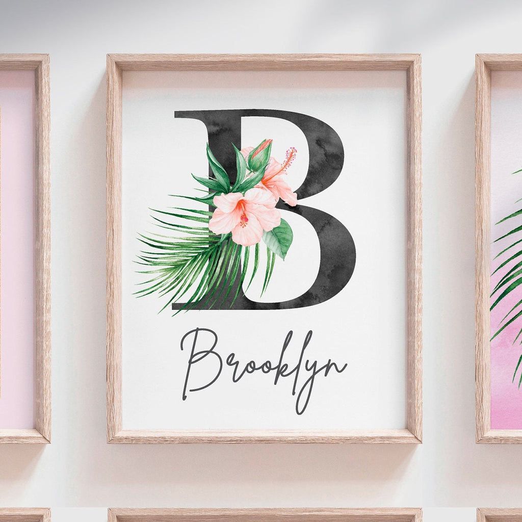 Pink and coral tropical nursery, baby girl tropical flowers nursery, coral and pink baby name and quote, little girl tropical playroom idea