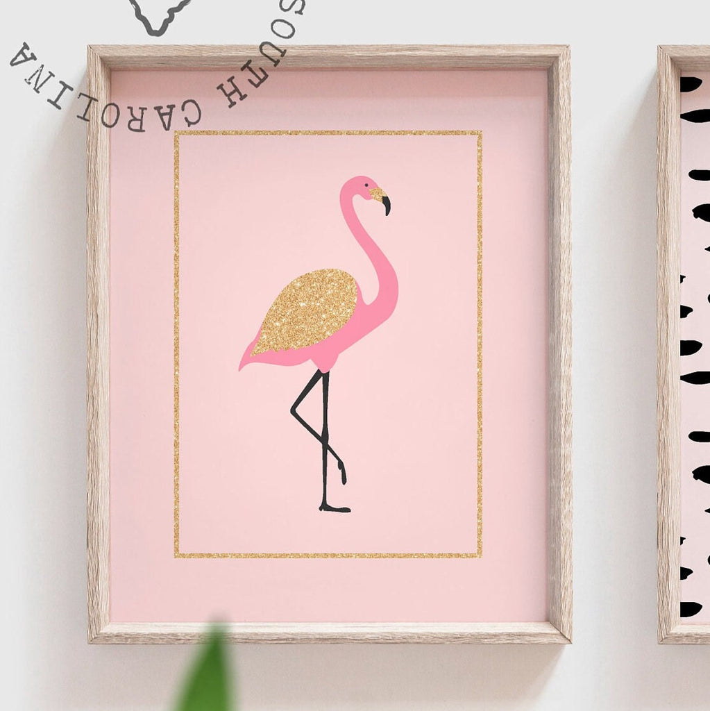 Tropical flamingo wall art, flamingo pictures pink tropical prints, baby nursery pink gold tropical, artwork above crib tropical pineapple
