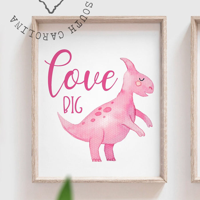 Sweet baby dinosaurs, nursery dinosaur themed wall art pink mint blue, love big be kind be brave with dinosaur, baby decor dinosaur wall art