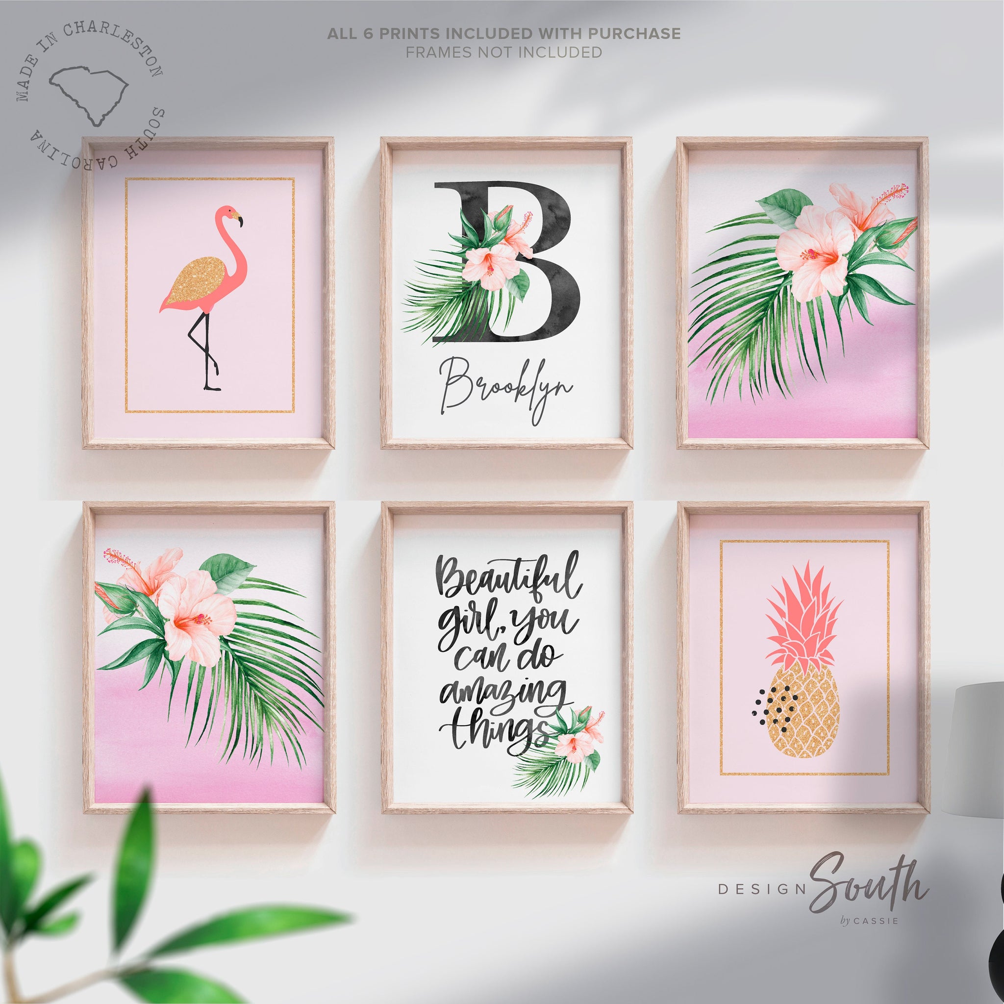 Pink and coral tropical nursery, baby girl tropical flowers nursery, coral and pink baby name and quote, little girl tropical offers playroom idea