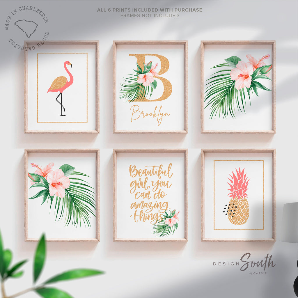 pink_green_gold,coral_green_gold,palm_leaves_nursery,tropical_themed_baby,baby_girl_room_art,girl's_monogram_name,beautiful_girl_quote,gold_sparkles_coral,coral_flamingo_decor,coral_gold_flamingo,coral_flamingo_wall,little_girl_bedroom,wall_art_for_girls