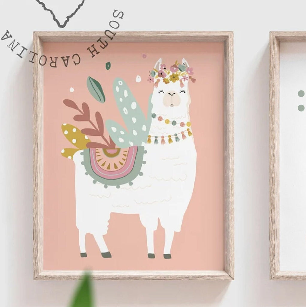 Name script boho with llamas nursery decor, boho nursery wall art idea, print set llama mauve pink succulents, llama themed baby room, wall decor girl bedroom llama