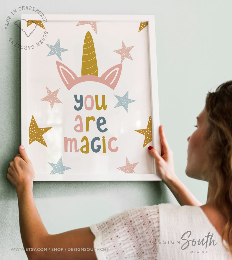 Little girl room unicorns rainbows dinosaurs ABCs, pink printable playroom art, you are magic loved strong brave inspirational positive wall