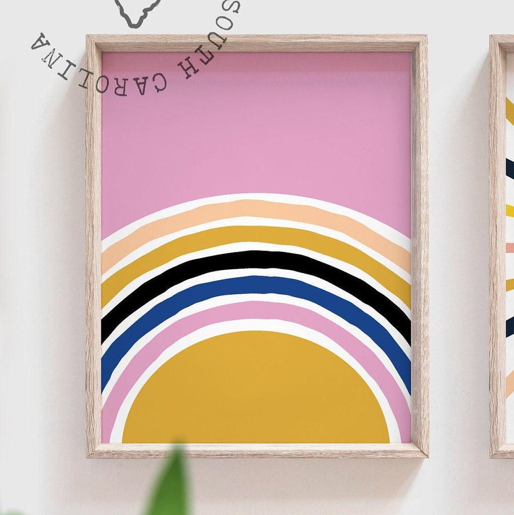 Rainbow sunshine boho colors, pink sunshine nursery wall art, hello sunshine sun rays clouds rainbow pink colors, pink yellow baby room wall