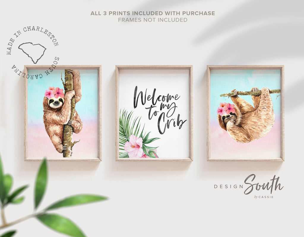 welcome_to_my_crib,baby_rainforest_art,above_crib_wall,nursery_quote_prints,over_the_crib_art,blush_pink_nursery,girl_tropical_decor,sloth_baby_girl_art,newborn_baby_gift,tropical_baby_shower,shower_girl_sloth,tropical_nursery_art,tropical_print_set