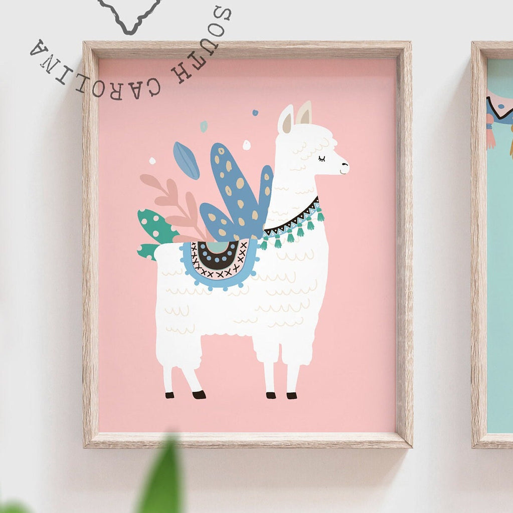 Pink aqua teal colored girl's room art, llama themed girl's name sign, cactus succulents themed room, pink mint colors kid art, llama pink