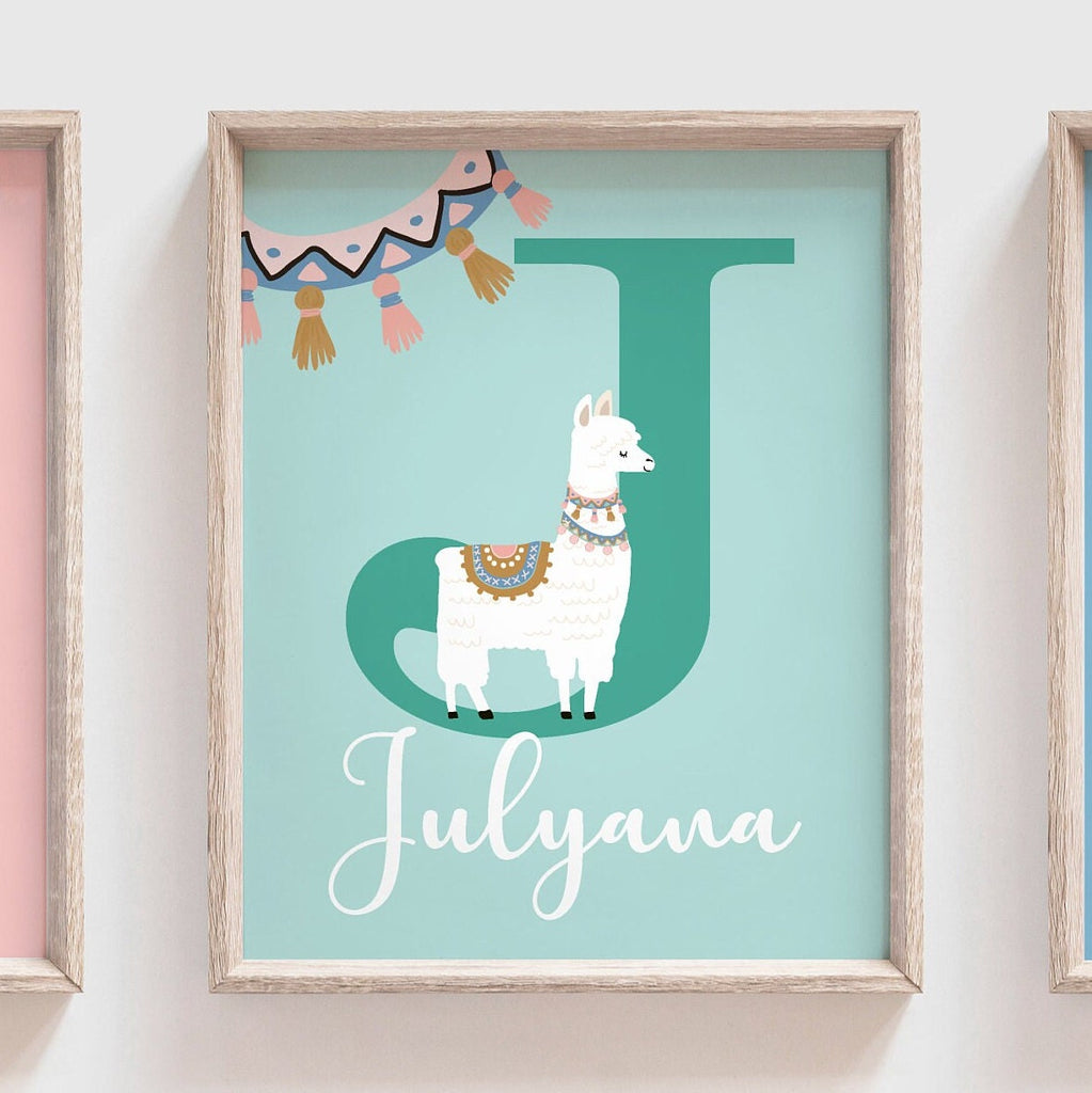 Pink aqua teal colored girl's room art, llama themed girl's name sign, cactus succulents themed room, pink mint colors kid art, llama pink