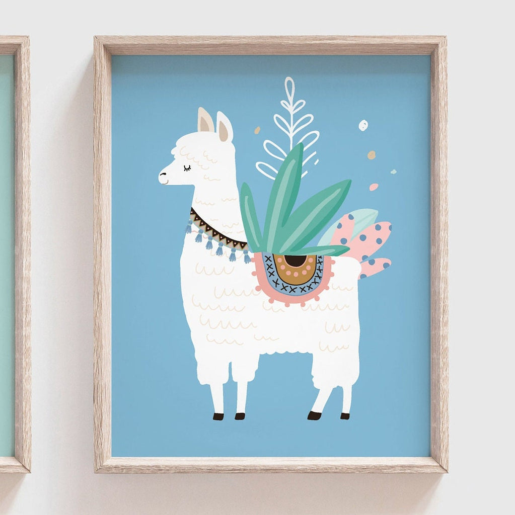 Pink aqua teal colored girl's room art, llama themed girl's name sign, cactus succulents themed room, pink mint colors kid art, llama pink