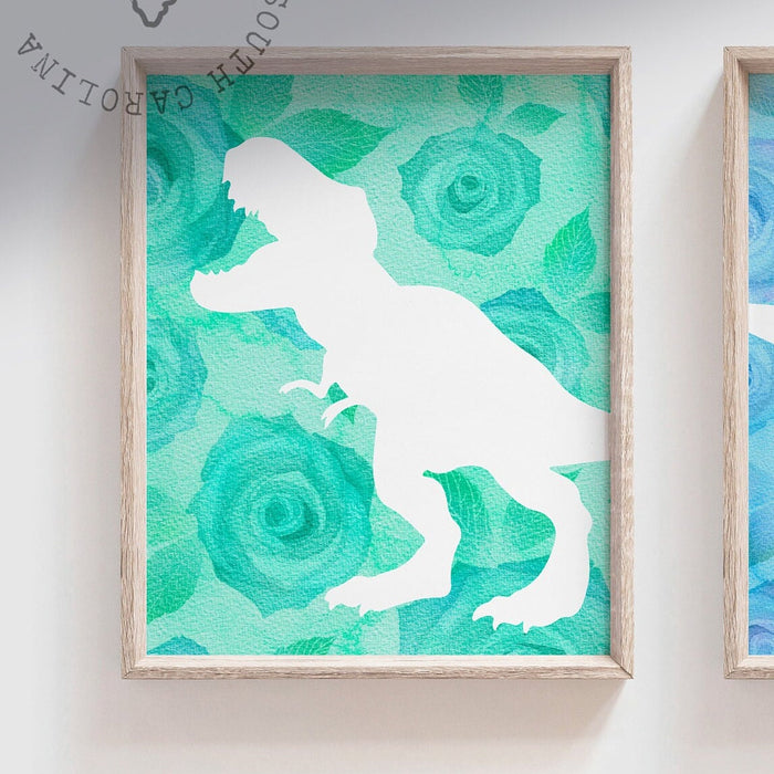 Roses flowers girl dinosaur, floral dinosaur room art for girl, playroom girl dino, playroom dinosaur art, girly dinosaur art, pink dinosaur