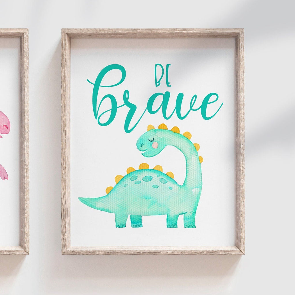 Toddler room dinosaur wall art, kids playroom wall ideas, pink blue green yellow children art, dinosaur nursery bedroom or playroom wall art