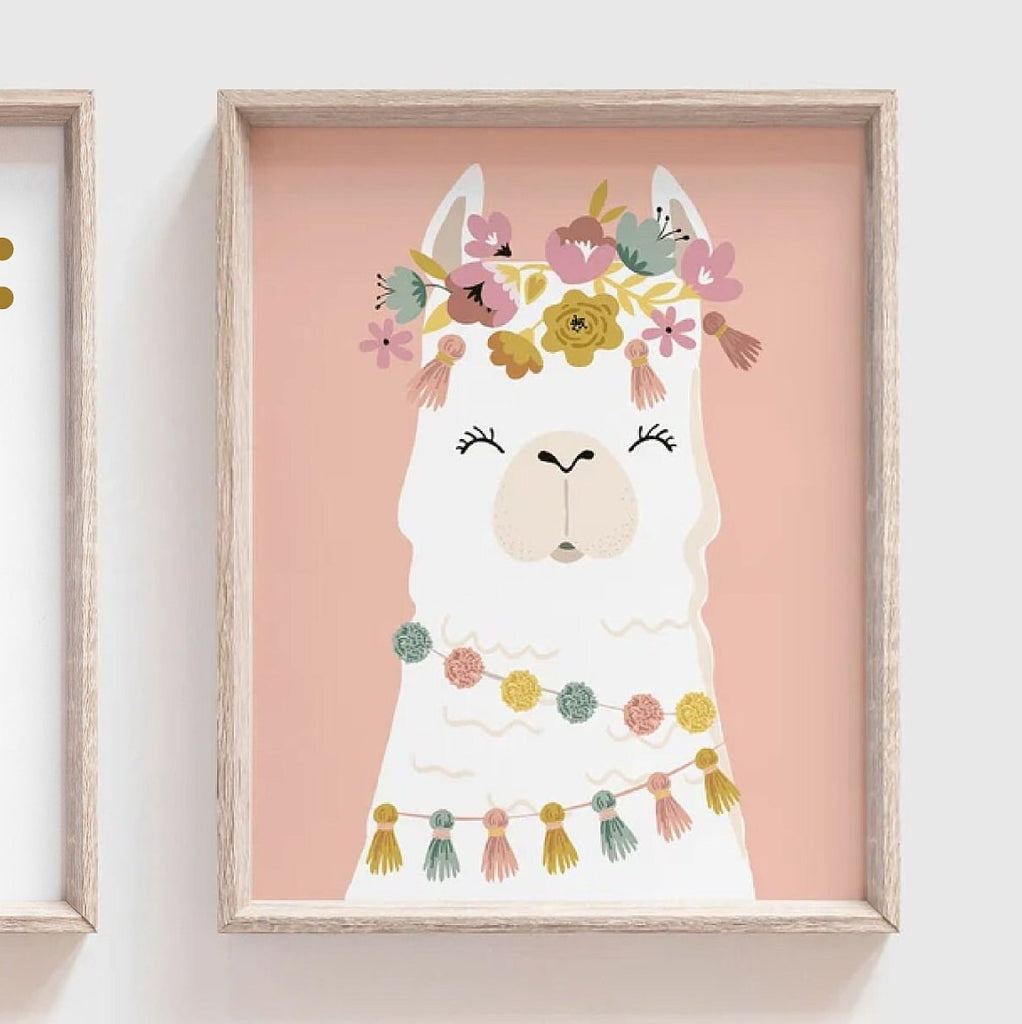Name script boho with llamas nursery decor, boho nursery wall art idea, print set llama mauve pink succulents, llama themed baby room, wall decor girl bedroom llama