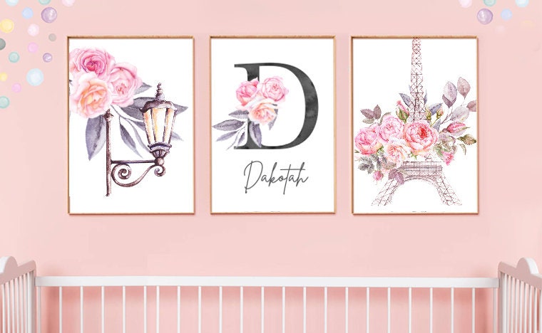 Paris bedroom decor baby girl nursery or girls room, eiffel tower lantern print kids name sign, paris themed nursery pink baby room floral