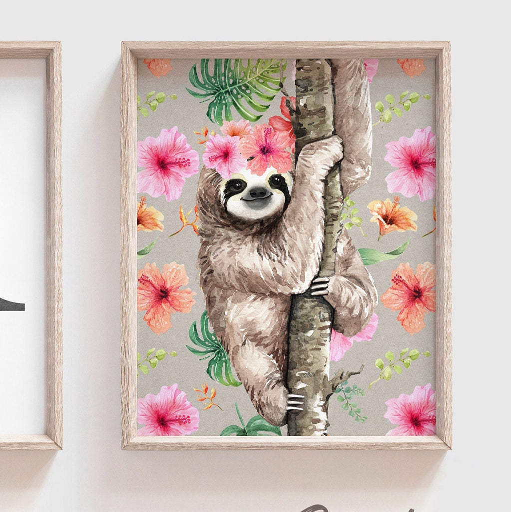 Sloth decor for nursery or bedroom, sloth themed baby shower gift girl, little girl bedroom wall ideas, sloth wall art print set, sloth pink