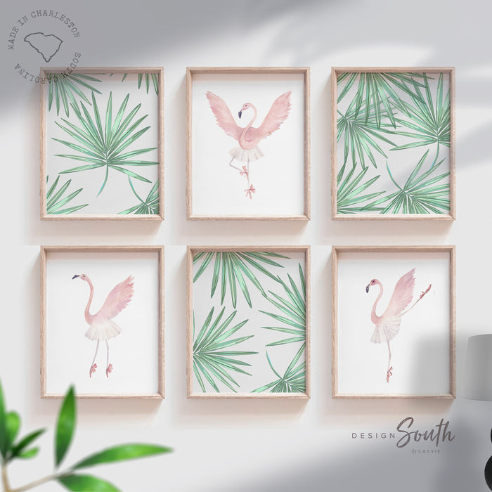 Tropical flamingo nursery, pink green nursery tropical baby, palm leaf tropical theme baby, trendy nursery wall art decor, ballerina gift