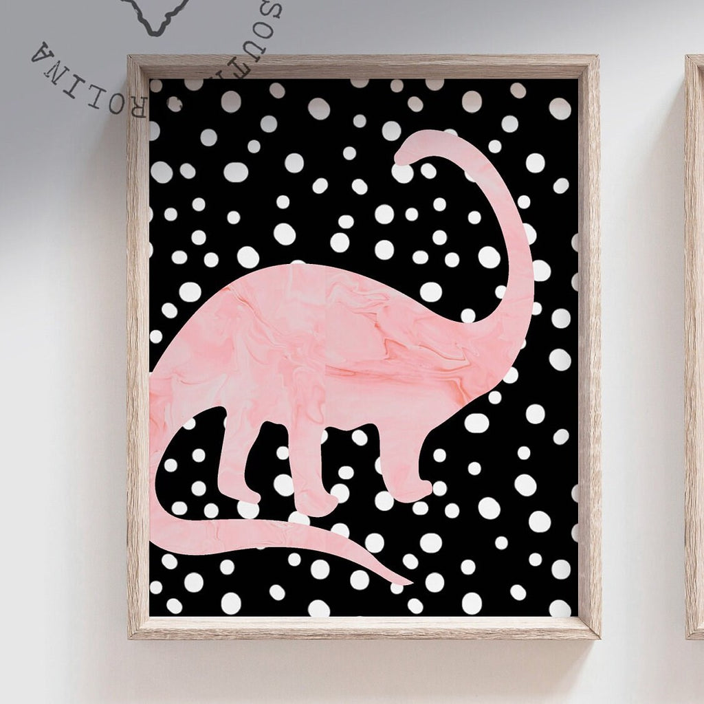 Girl pink dinosaur birthday party gift, dinosaur girl decorations, dinosaur girl room art prints, dinosaur rainbow personalized name initial