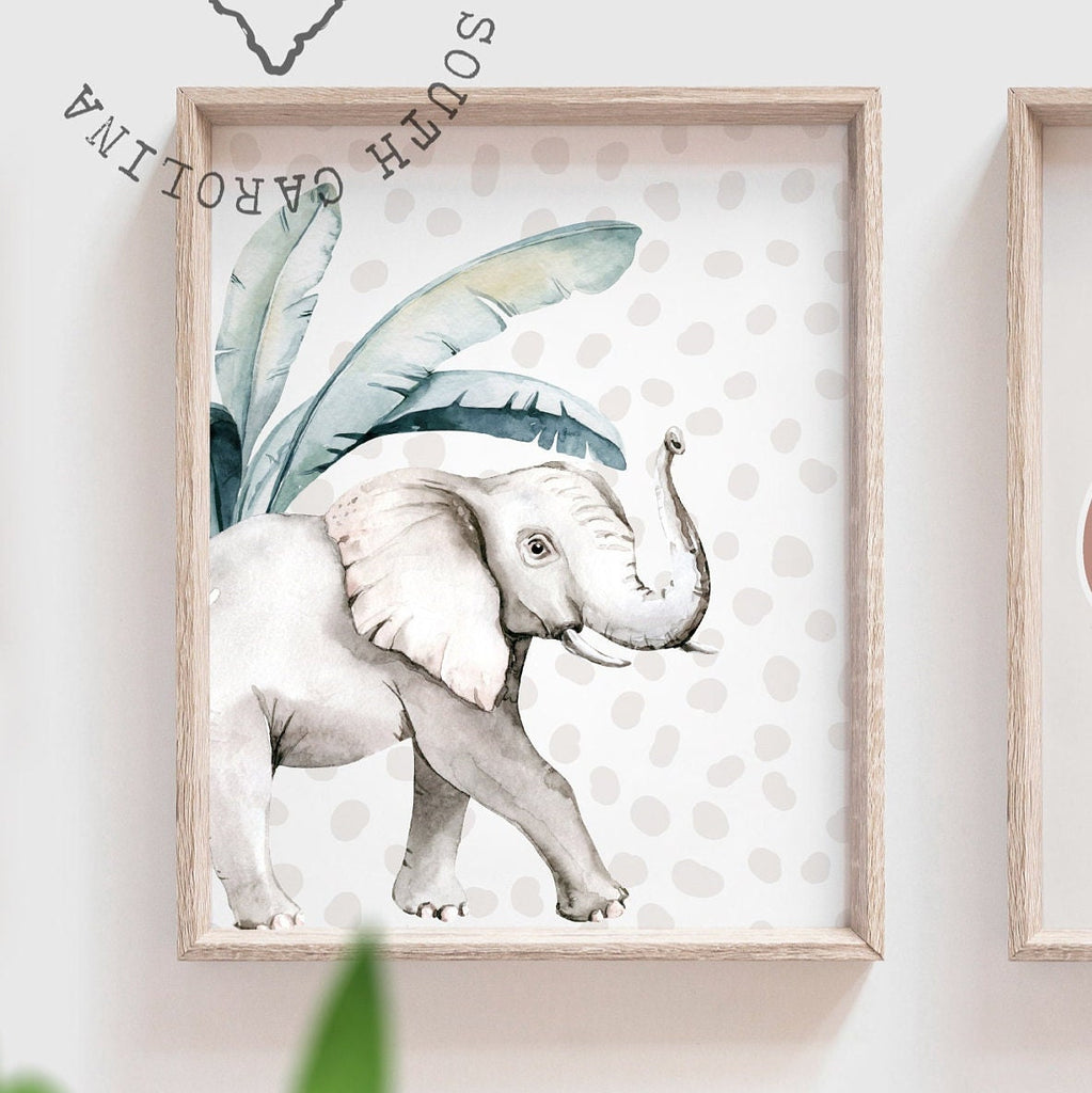 Girl's name gifts, tropical girl's name for room art, flamingo and elephant art print set, baby girl nursery neutral modern, tropical baby