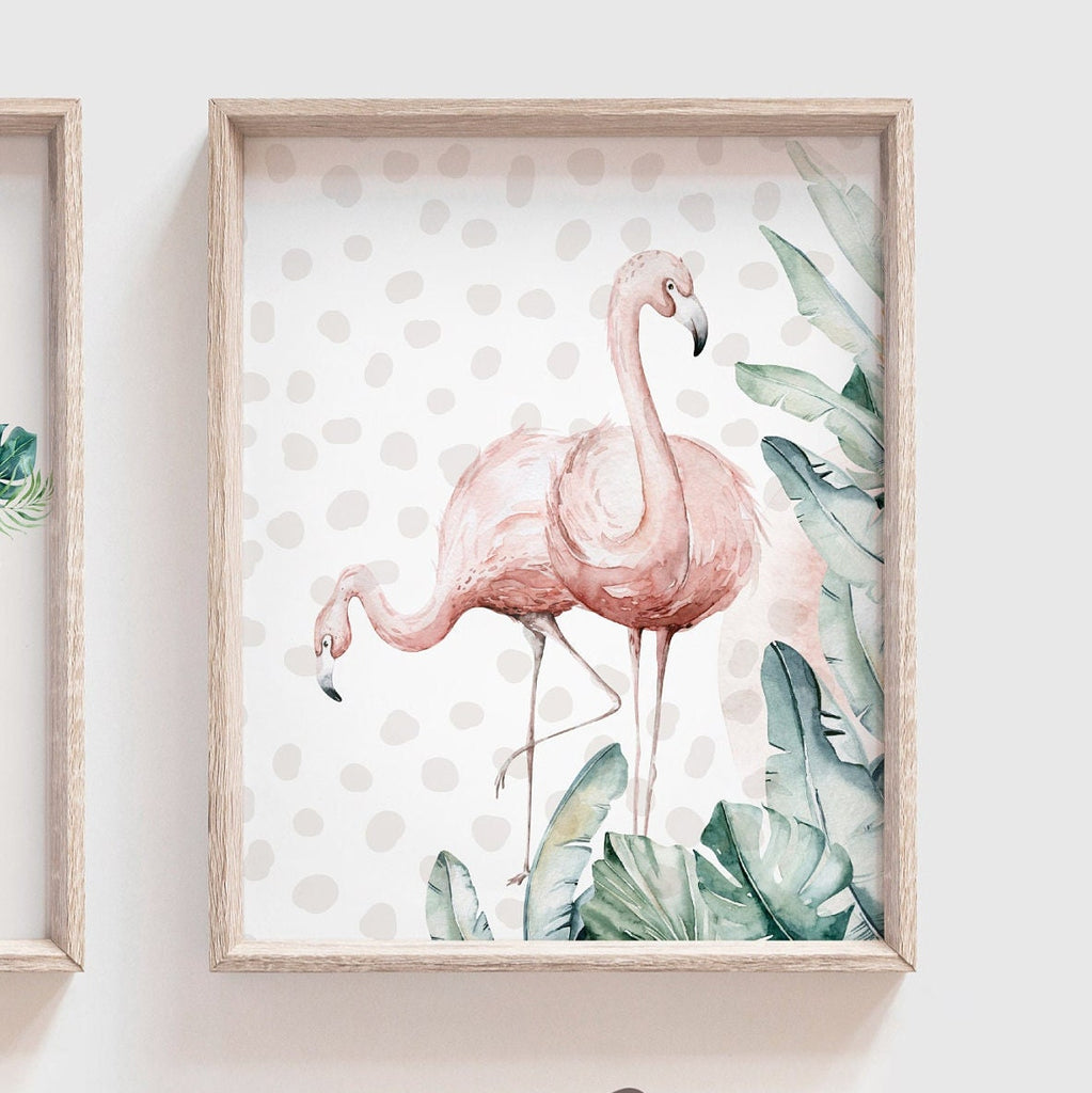 Girl's name gifts, tropical girl's name for room art, flamingo and elephant art print set, baby girl nursery neutral modern, tropical baby