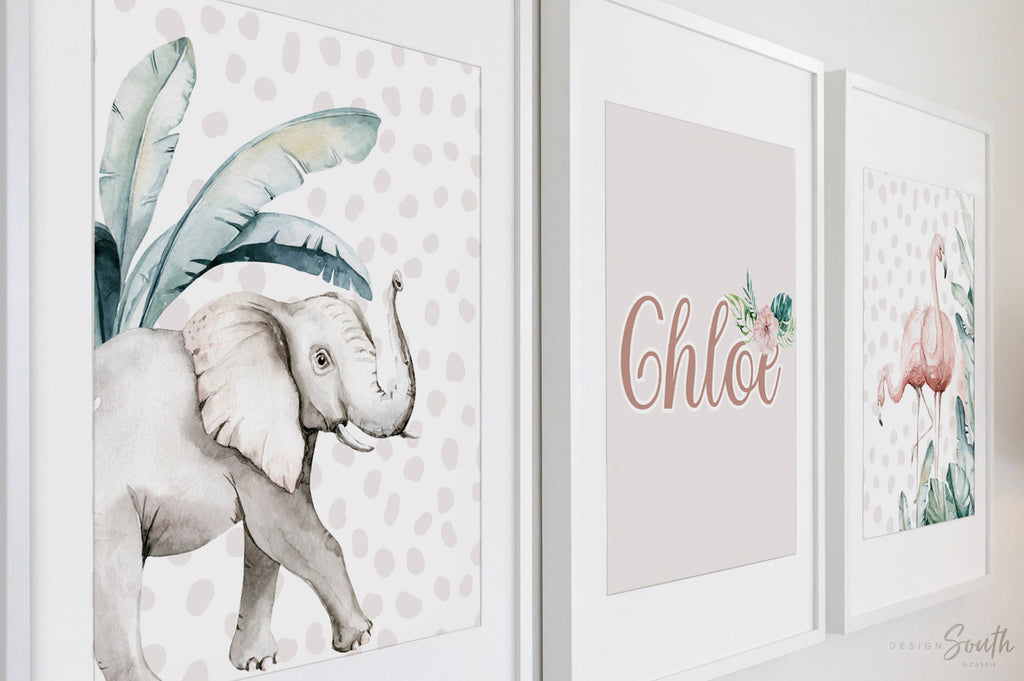 Girl's name gifts, tropical girl's name for room art, flamingo and elephant art print set, baby girl nursery neutral modern, tropical baby