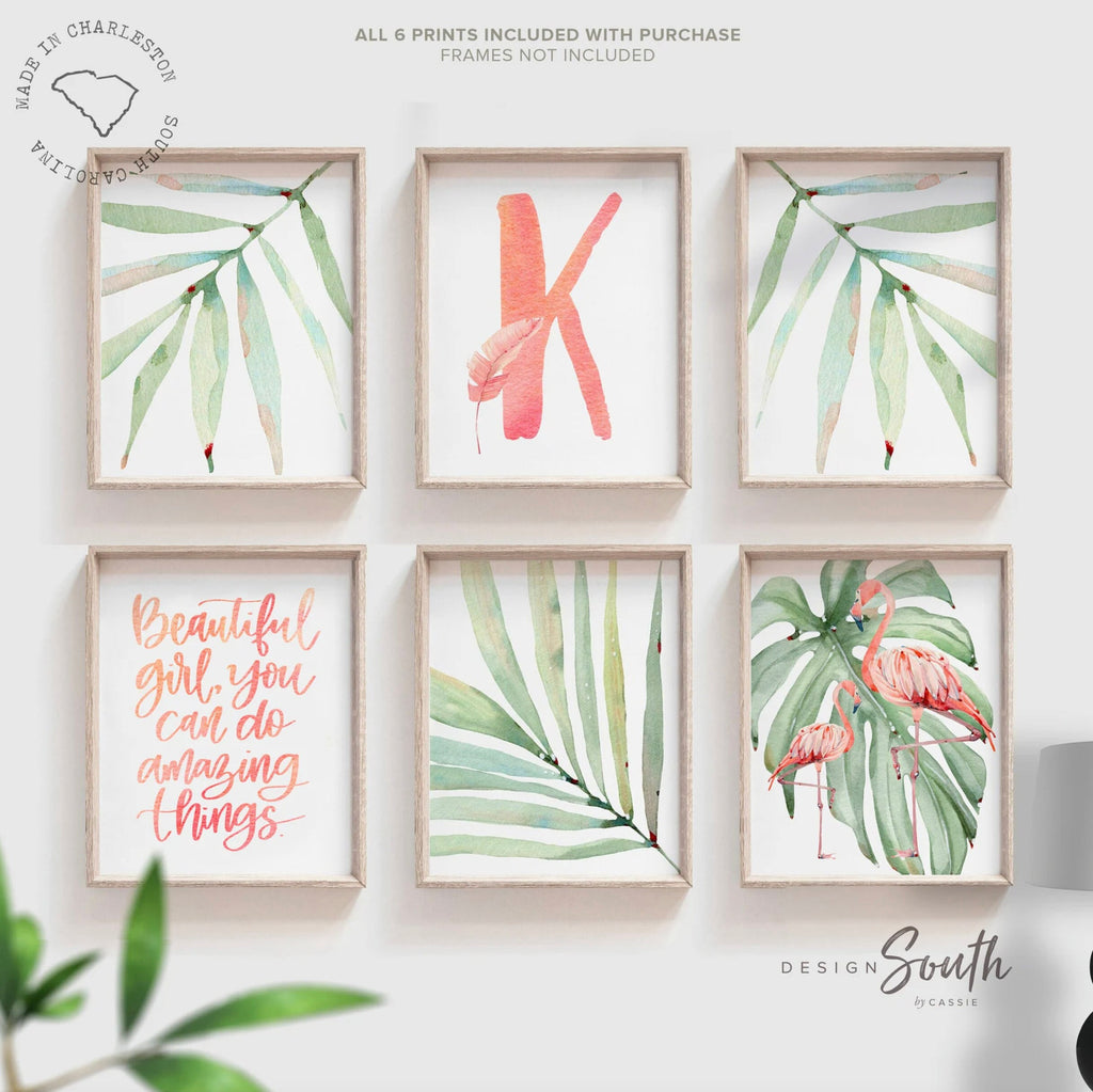Girls nursery decor, tropical leaf flamingo decor, girls nursery tropical theme, girls bedroom theme, pink tropics nursery flamingo baby art