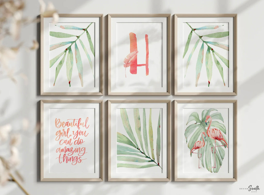 Girls nursery decor, tropical leaf flamingo decor, girls nursery tropical theme, girls bedroom theme, pink tropics nursery flamingo baby art