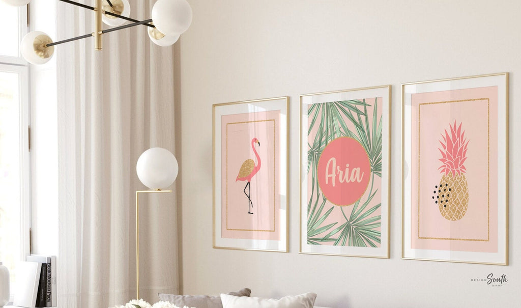 Coral gold flamingo nursery decor, girls nursery decor coral and gold, tropical nursery theme, girls tropical bedroom, wall decor coral gold