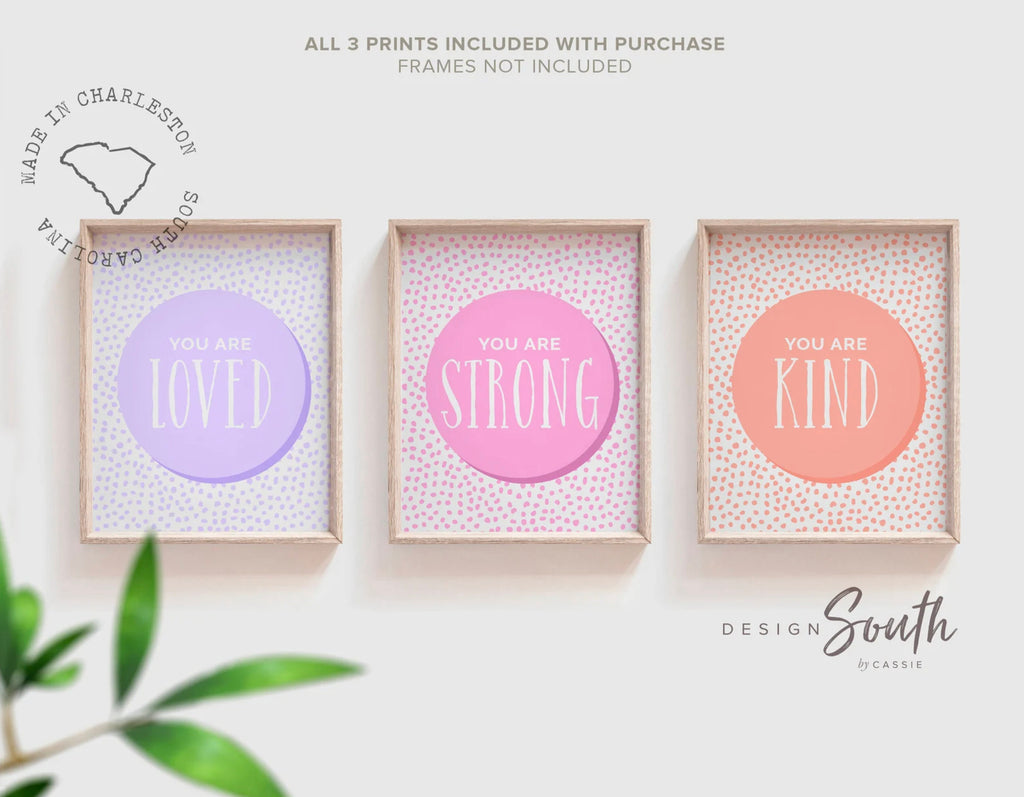 Art prints purple pink coral, little girl room art set, you are strong, you are loved, you are kind, positive print set for kids set of 3