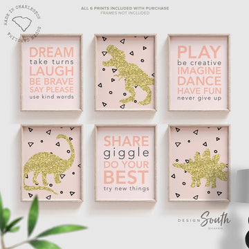 Pink gold dinosaur, pink playroom girl decor, toddler girl dinosaur wall art bedroom, gold glitter sparkles little girl art, gold dinosaurs