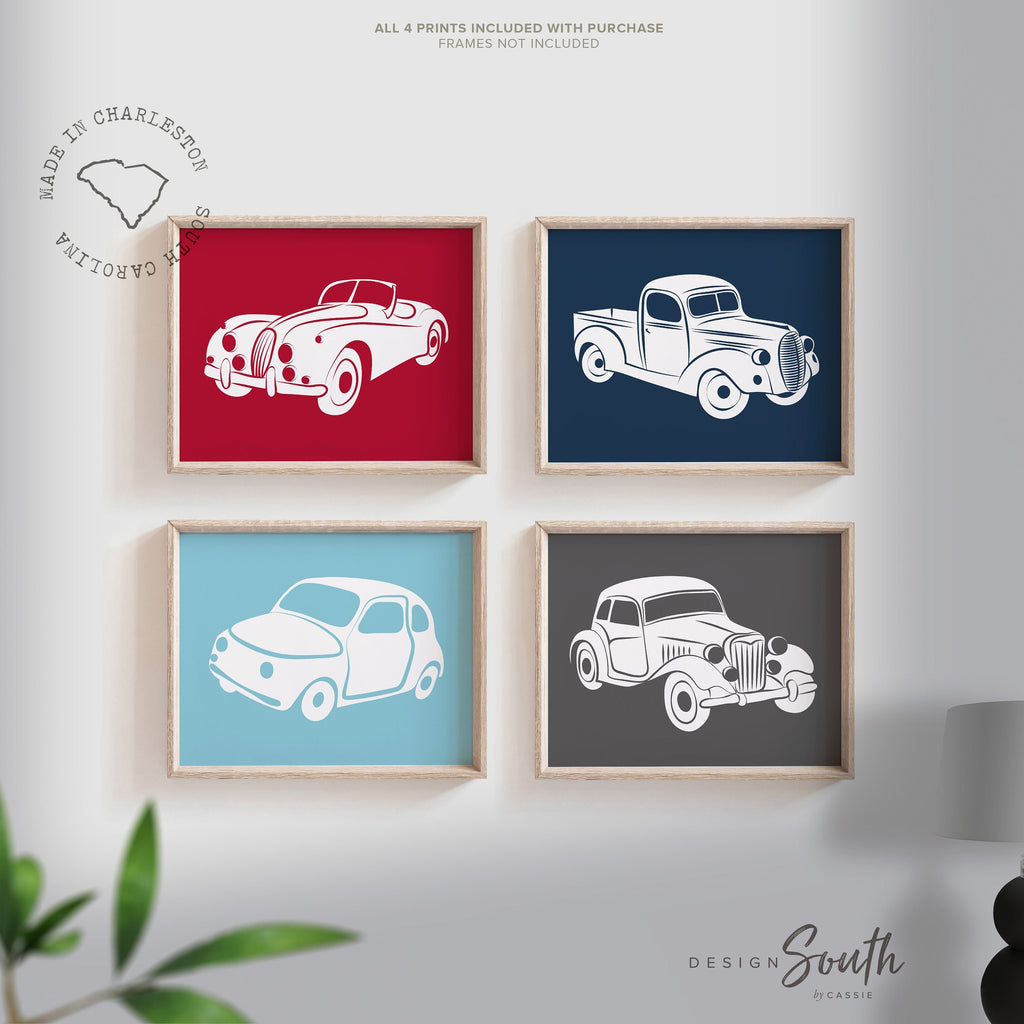 Vintage car and truck decor, vintage nursery decor, boys transportation prints, transportation nursery theme, boys car nursery, navy, red