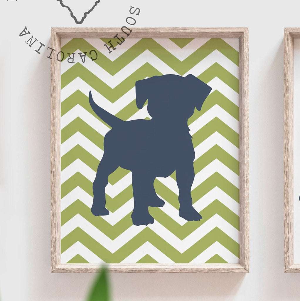 Navy blue and green puppy dog nursery decor, kids dog theme decor, bedroom ideas for boy, navy blue green boy monogram, playroom wall art