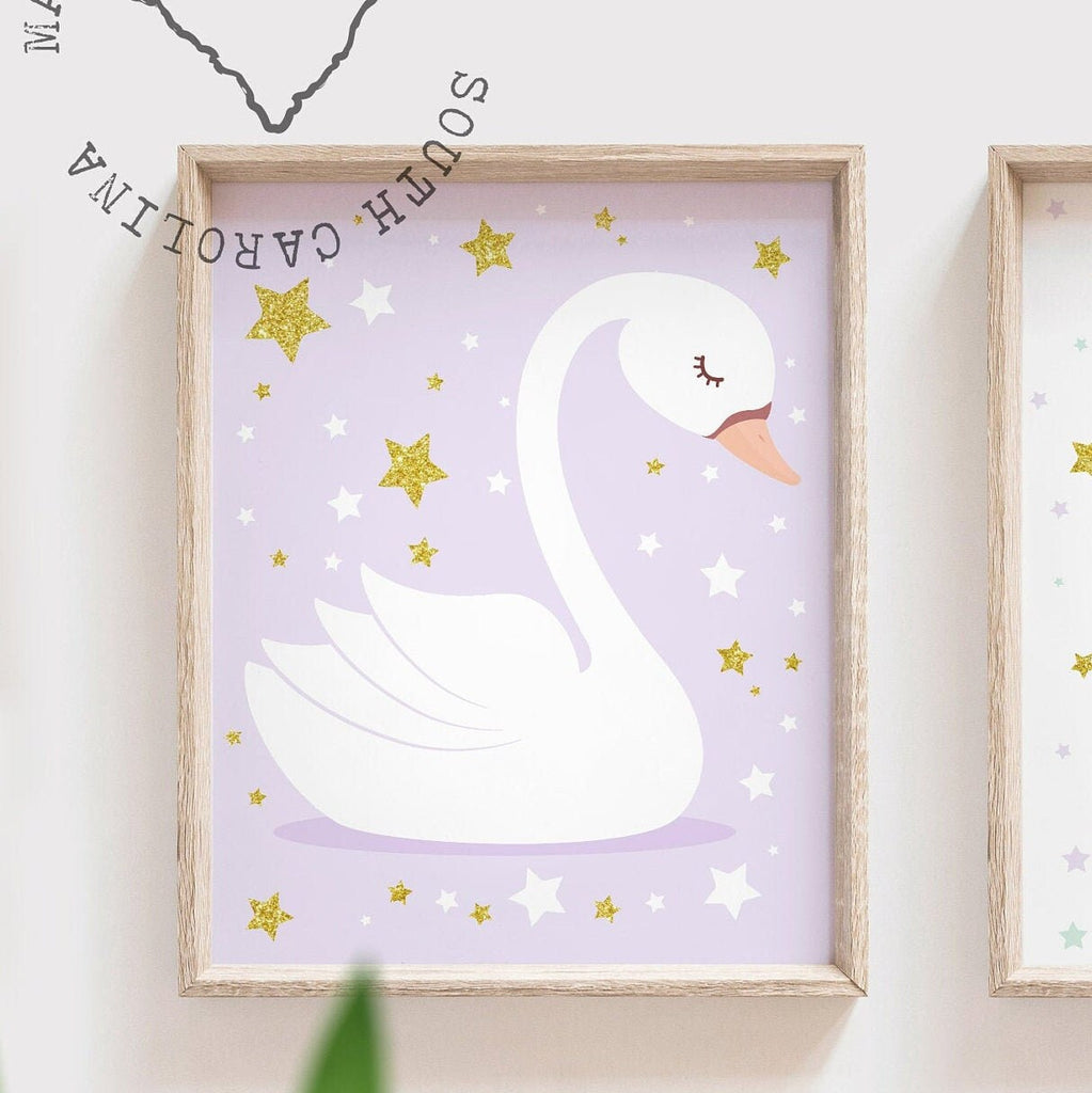 Lilac and mint, lavender and mint, girl swan nursery decor, purple swans, purple and gold nursery, purple gold mint, dream big, gold stars