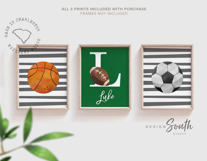 Green gray sports theme, little boys name gift, sports wall art, athlete baby boy gift, artwork above bed sports theme, basketball football