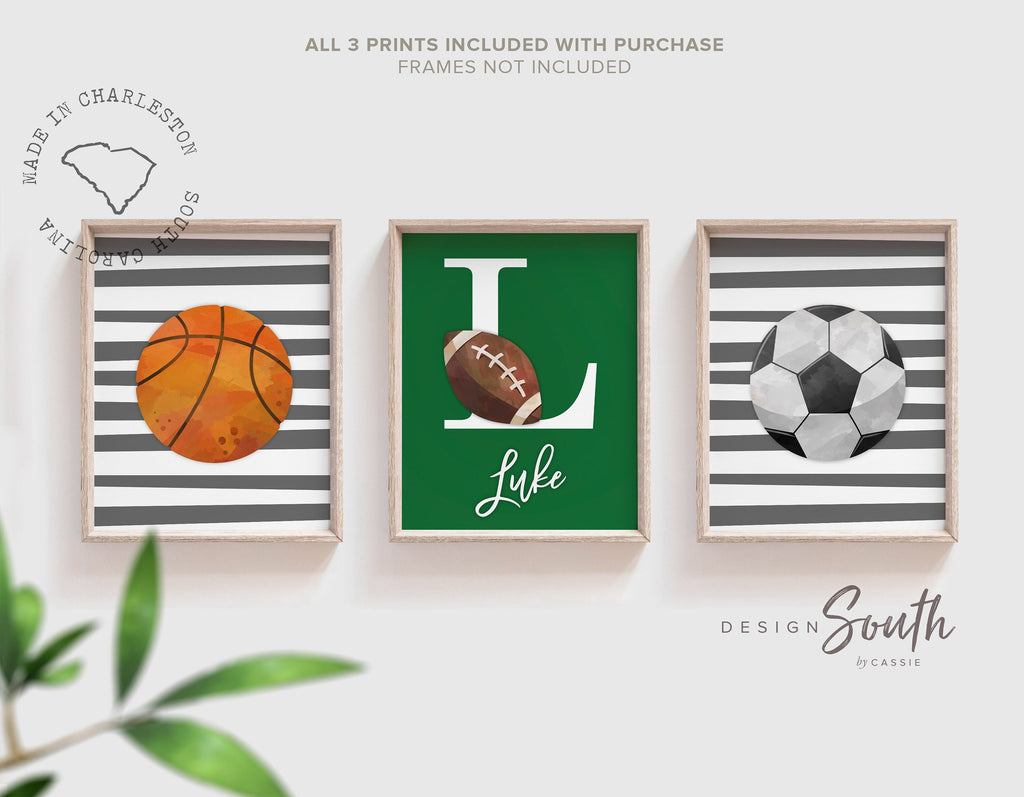 Green gray sports theme, little boys name gift, sports wall art, athlete baby boy gift, artwork above bed sports theme, basketball football