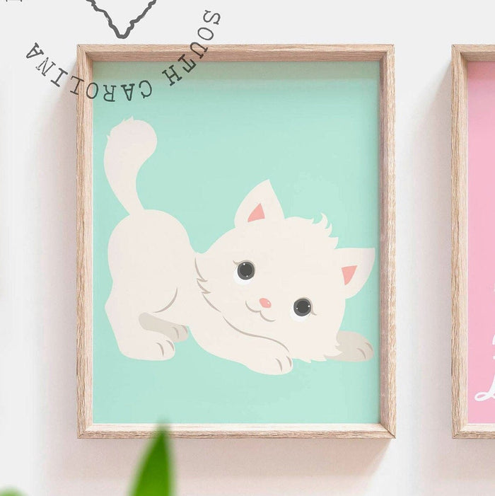 Kitty cat nursery, cute cat print nursery, girls kitty cat decor, pretty kitty, kitty wall art, cat nursery art, cat nursery decor baby girl
