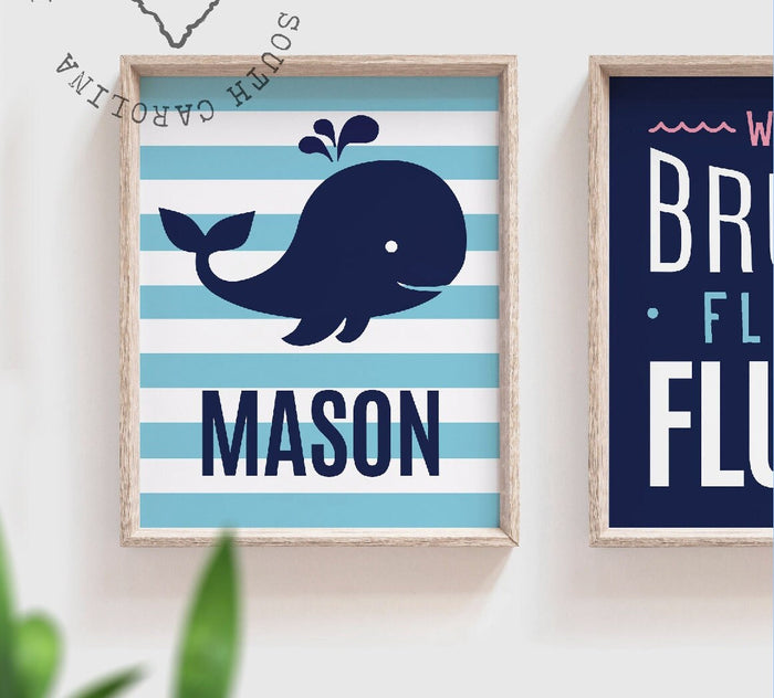 Bathroom decor, bathroom decor for children, boy/girl bathroom, bathroom prints, whale bathroom, whale theme, wash, brush, floss, flush, art