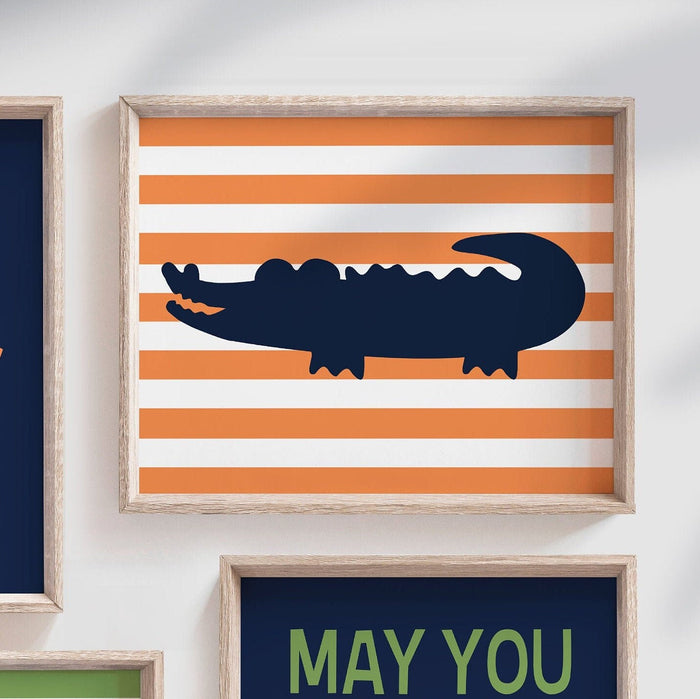 Alligator nursery decor, orange navy blue and green, quote for boys, boys alligator nursery, personalized name decor, gator prints boys wall
