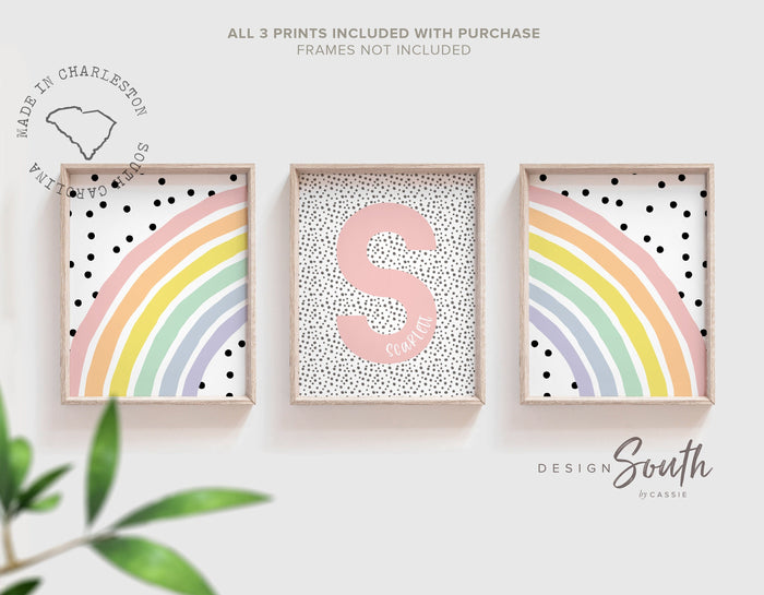 Rainbow nursery monogram art print, baby girl monogram nursery wall art, custom nursery wall art, rainbow monogram letter, polka dots kids