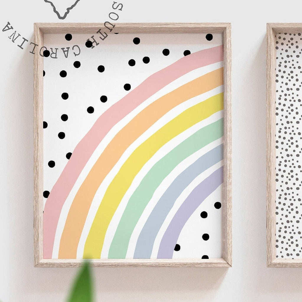 Rainbow nursery monogram art print, baby girl monogram nursery wall art, custom nursery wall art, rainbow monogram letter, polka dots kids