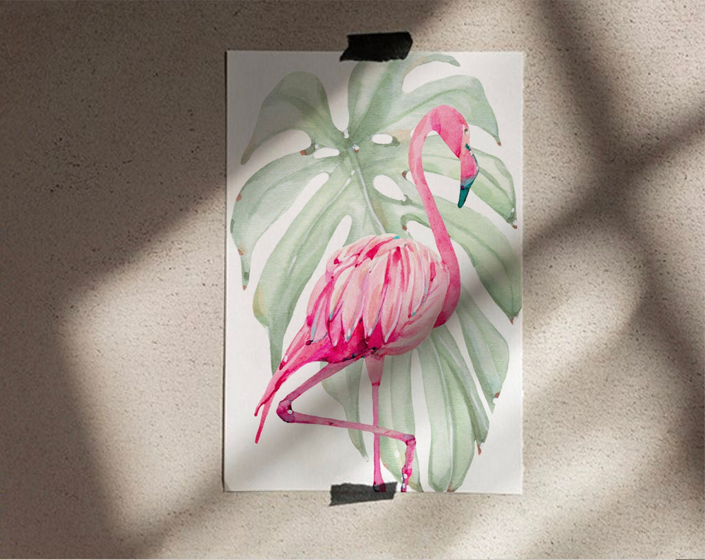 Pink green tropical print art set, above crib tropical wall, flamingo nursery decor, baby room decor, newborn flamingo nursery pink & green