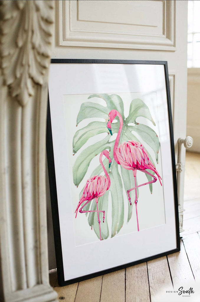 Pink green tropical print art set, above crib tropical wall, flamingo nursery decor, baby room decor, newborn flamingo nursery pink & green